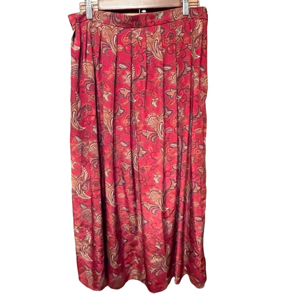 Vintage Leslie Fay Pleated Burgundy Floral Paisley Skirt Side Zip/Button Sz 14